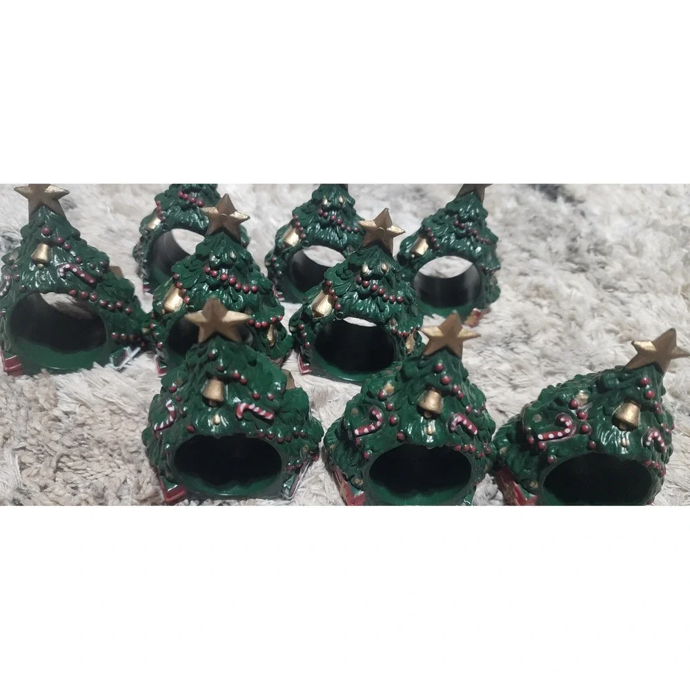 Set Of 9 Christmas Napkin Rings Green Tree  Plastic Marked Reed Star Top Vintage